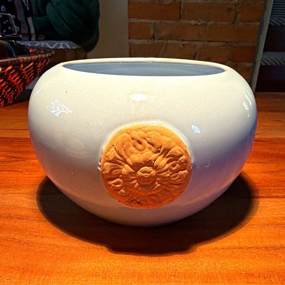 Himark Italy Blue Glossy Ceramic Round Planter Floral Medallion 7in x 4in